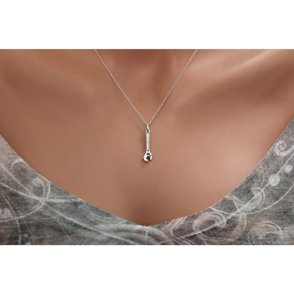 Sterling Silver Oxidized Wrench Charm Necklace, Silver Charm Wrench Necklace - Picture 3 of 5